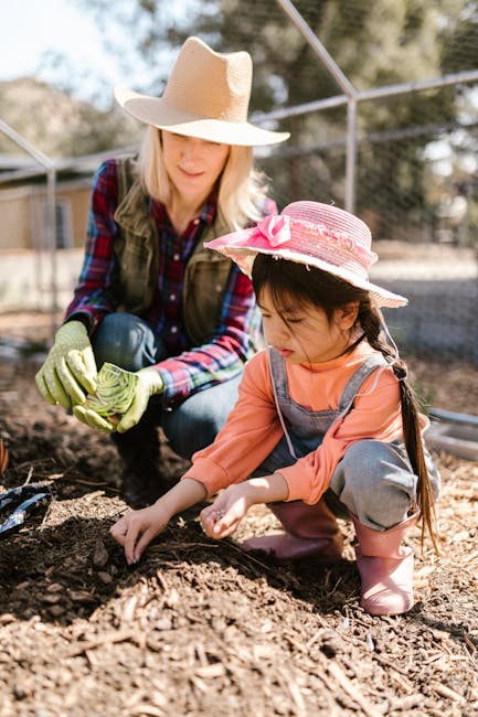 Educational workshop at Chicken Road farm with families learning about sustainable farming, with children interacting with farming tools and produce